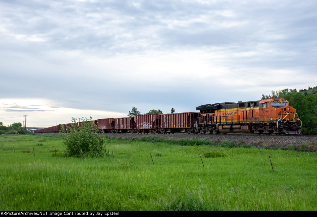 BNSF 3986 trails on a ballast train coming into Bozeman from the east 